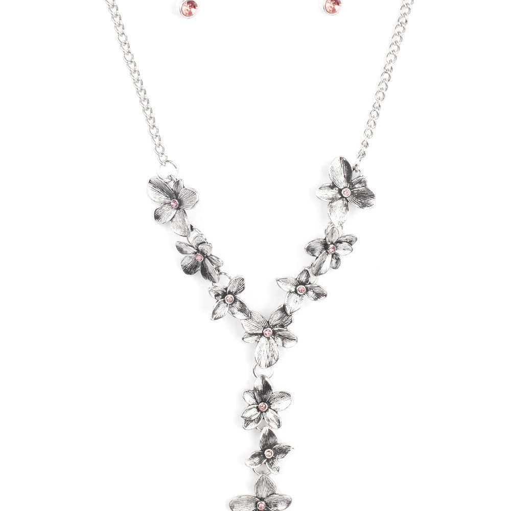 Fairytale Meadow - Pink Rhinestone Floral Y-Chain Necklace & Earrings Set - Picture 3 of 3